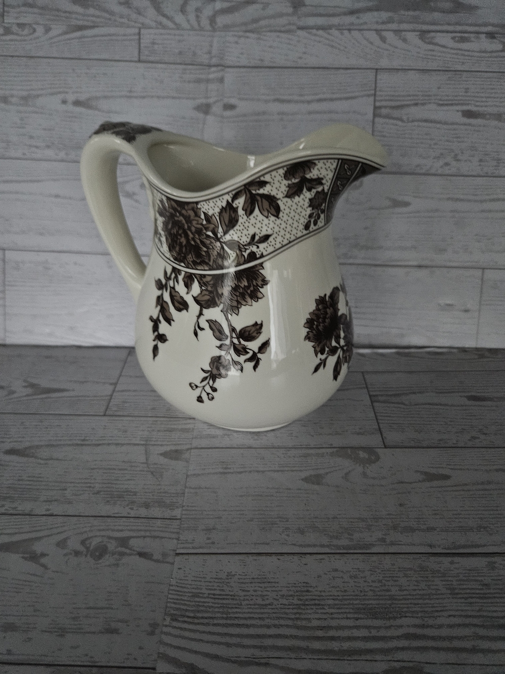 Vintage Brown Transferware Floral Pitcher – Cream Ceramic Farmhouse Jug